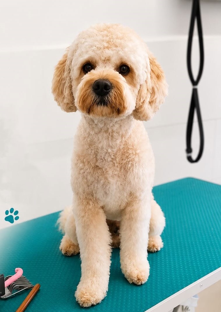 Freshly groomed fluffy puppy sitting on a teal grooming table